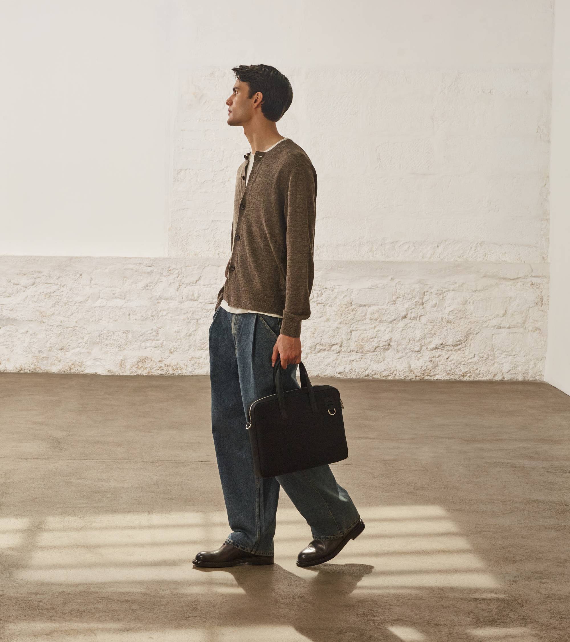 Basile 15" briefcase in nylon canvas and smooth leather