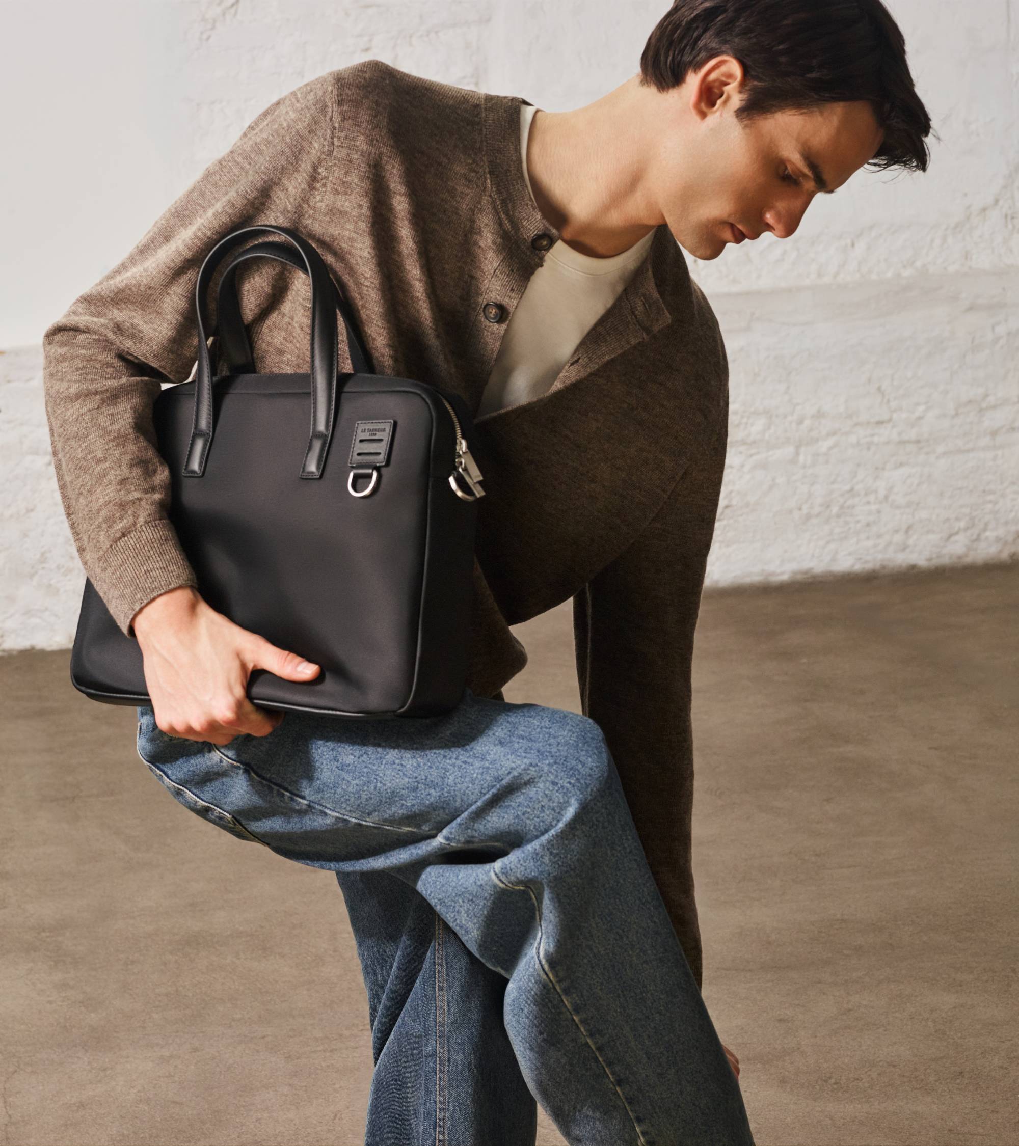 Basile 15" briefcase in nylon canvas and smooth leather