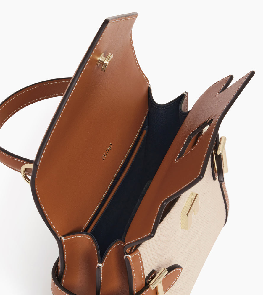 Petit sac à main double rabat Emilie en toile coton et cuir lisse