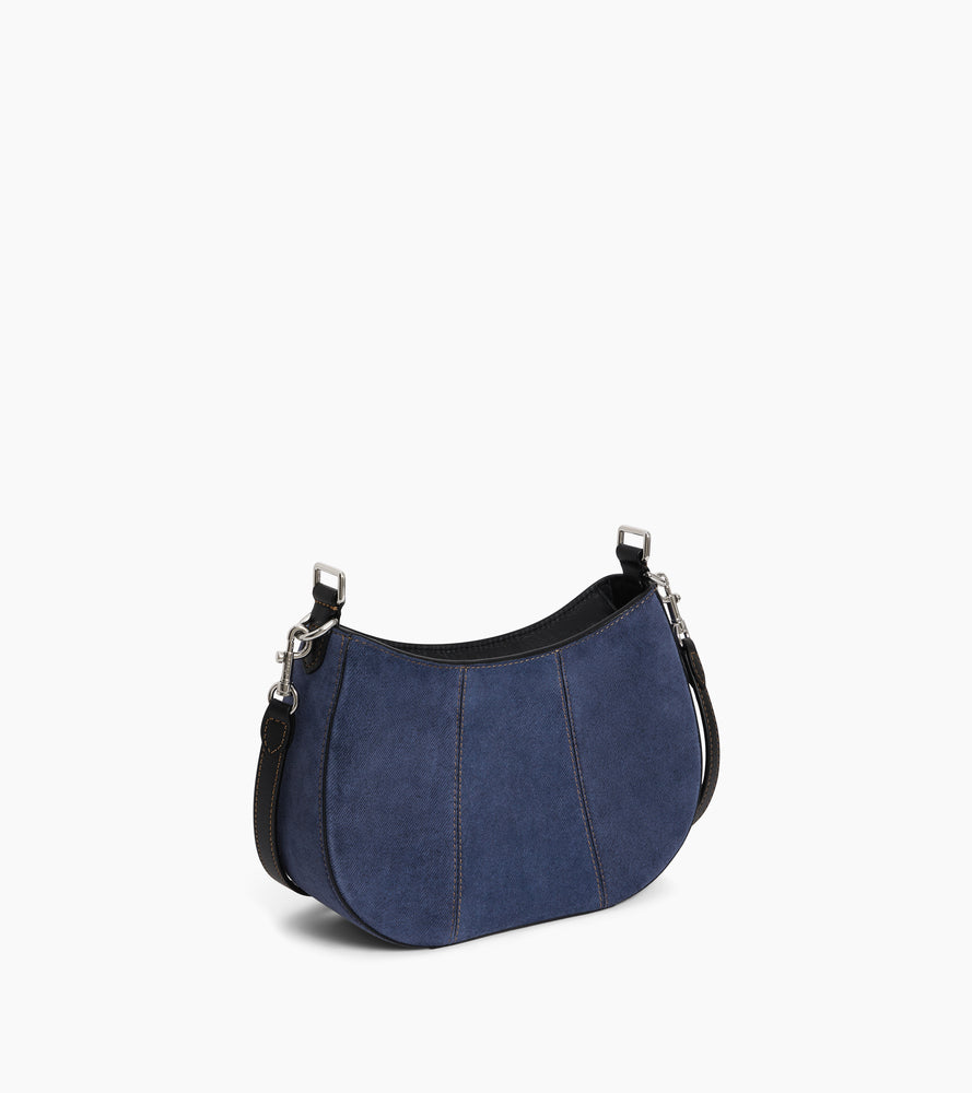 Kleine, halbmondförmige Tasche Juliette aus Wildleder in Denim-Optik