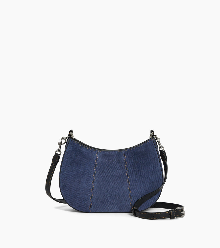 Kleine, halbmondförmige Tasche Juliette aus Wildleder in Denim-Optik