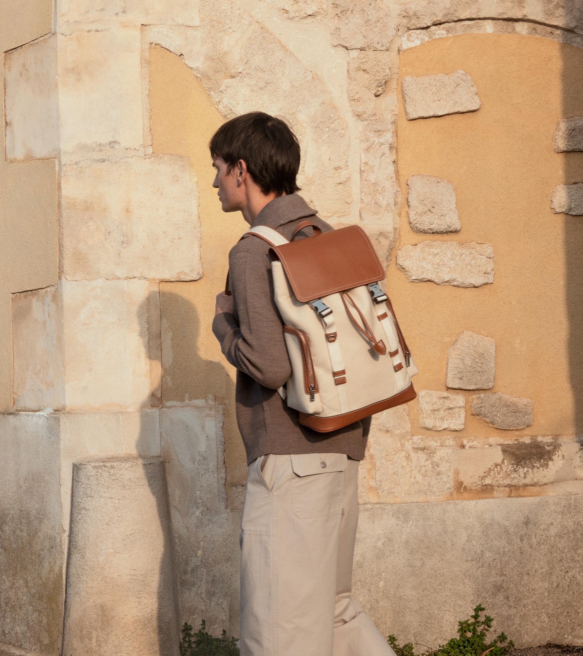 Sac à dos à rabat Maurice en toile coton et cuir lisse semi-végétal